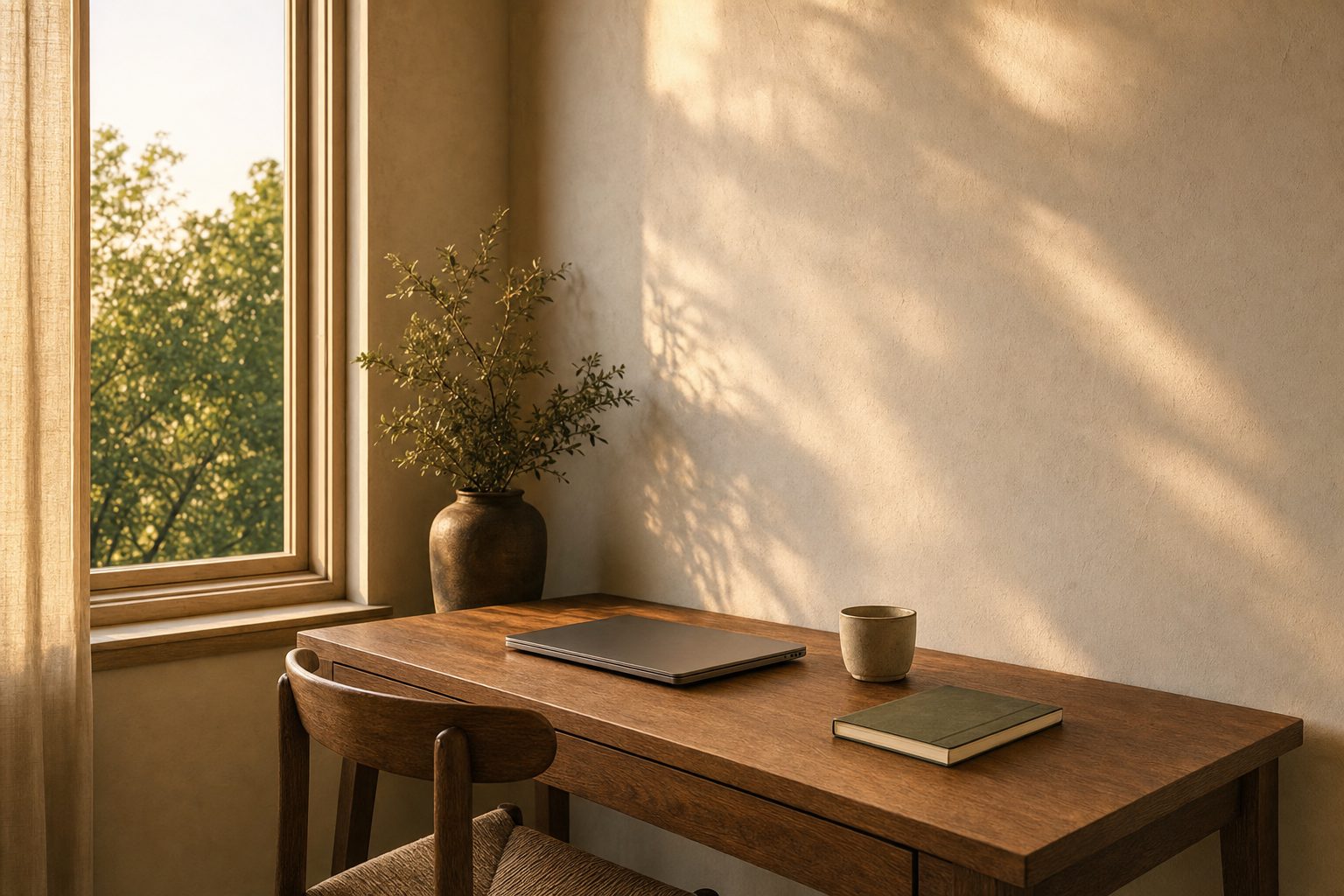 A quiet oak desk beside a window in late afternoon light, with a closed laptop and a green notebook.