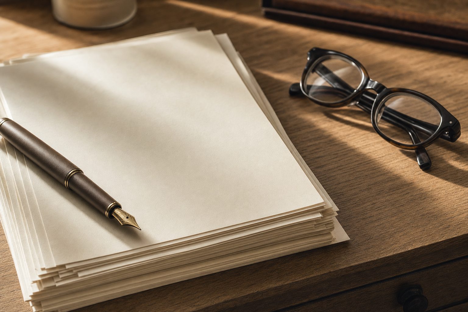 A neat stack of blank cream documents on an oak desk with a brown fountain pen and reading glasses in raking light.