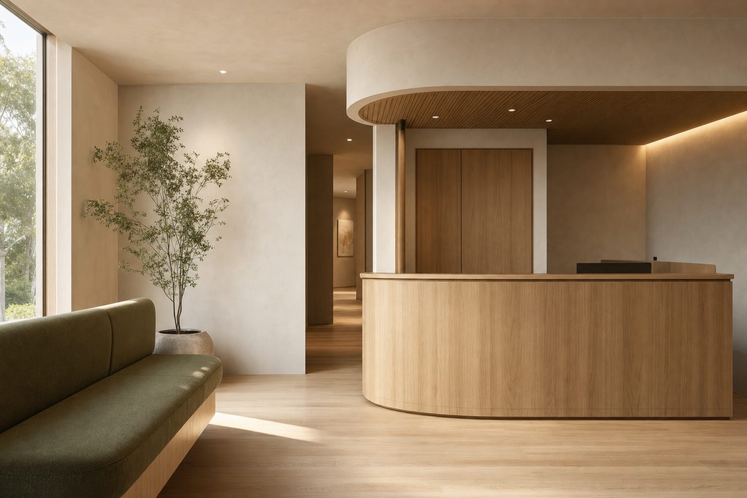 An empty modern practice reception with a pale oak desk, cream walls and a green upholstered bench.