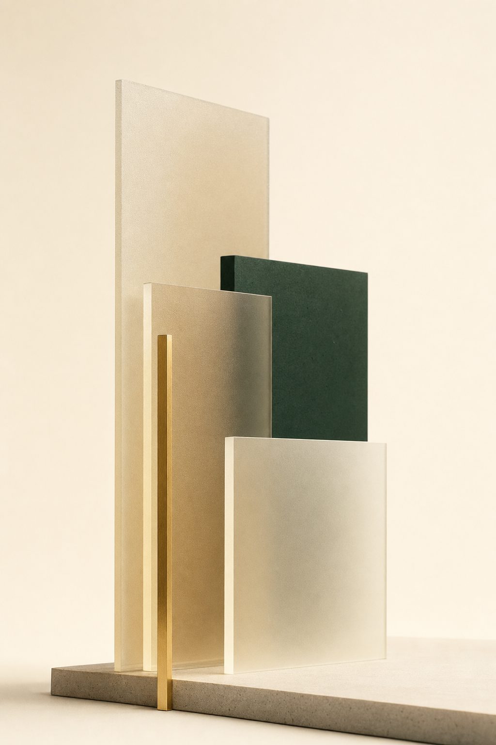 Overlapping frosted panels in sand and cream with a deep green block behind them and a thin brass line.